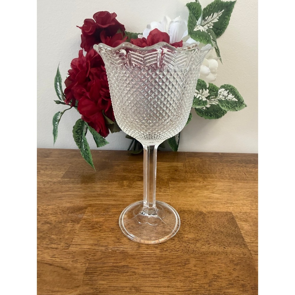 Vintage Clear Diamond Point Goblet Pressed Glass Wine Water Glass Candle Holder